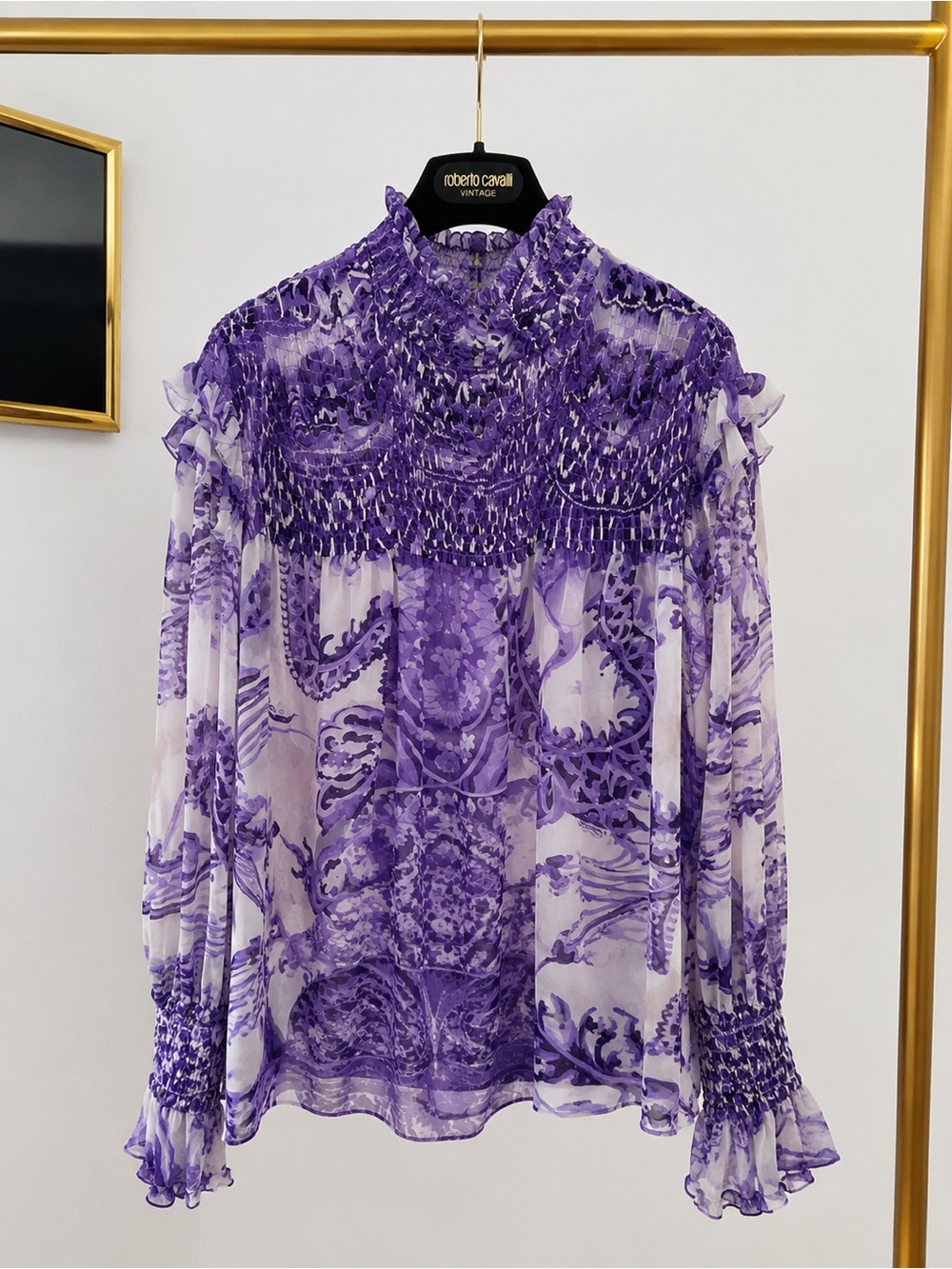 Roberto Cavalli Purple Floral Smocked Ruffle Blouse